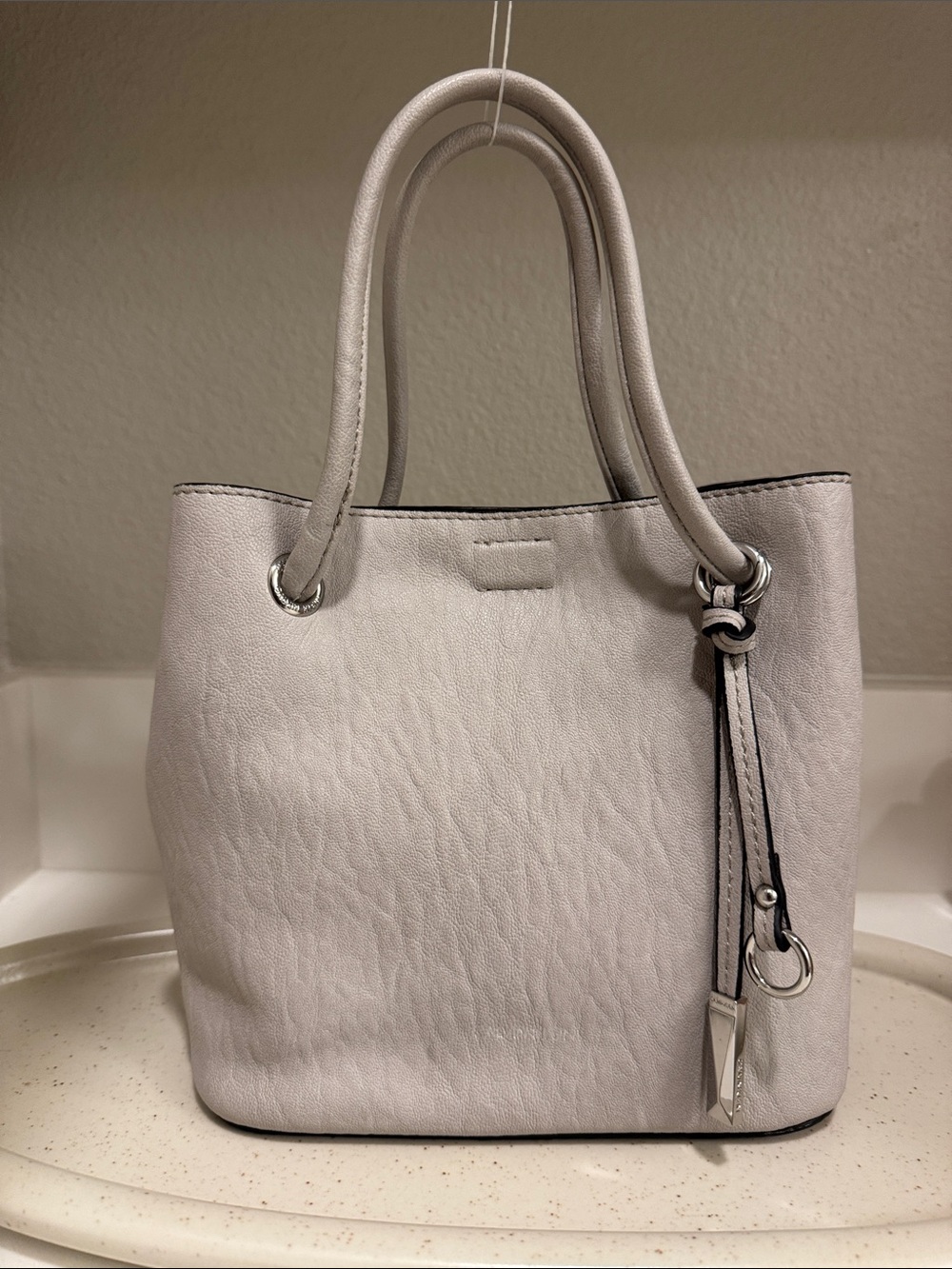 Women's Pebbled Leather Calvin Klein Tote Bag in Light Gray
